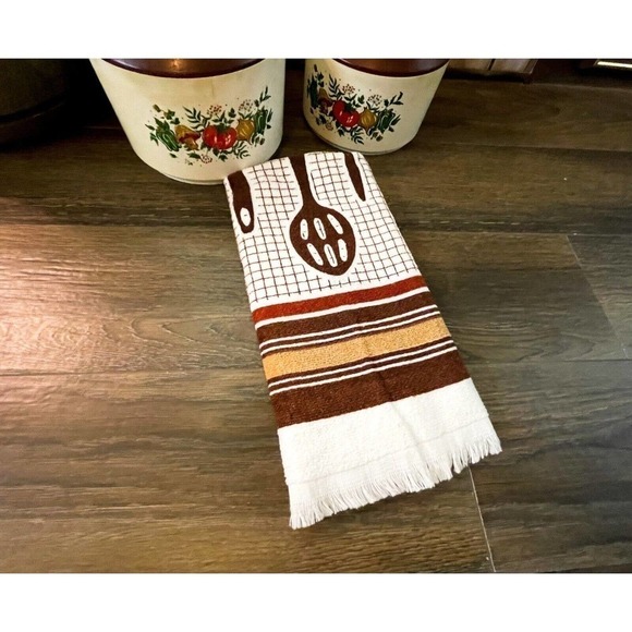VINTAGE Kitchen Towel 80s White Brown Fringe Dish Hand Deadstock - Picture 4 of 6